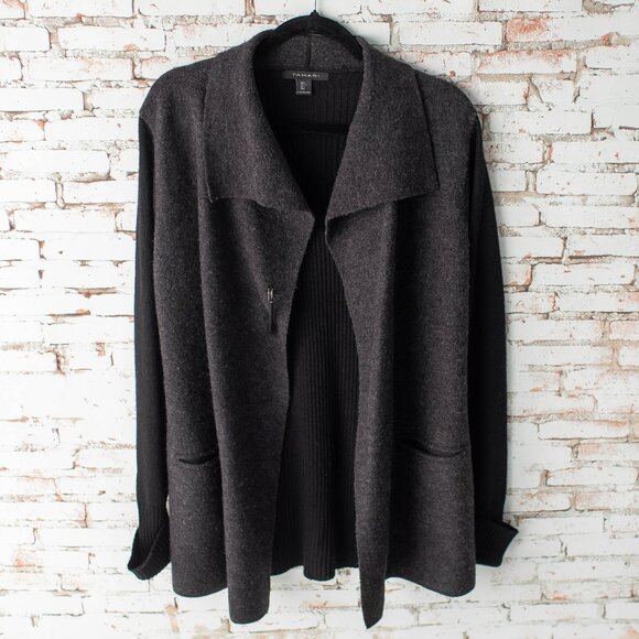 Tahari Women’s Large Wool Blend Open Front Cardigan Jacket Black Gray Coat - Picture 1 of 9